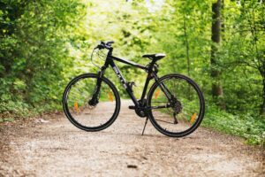 Ein Fahrrad auf einem Waldweg.