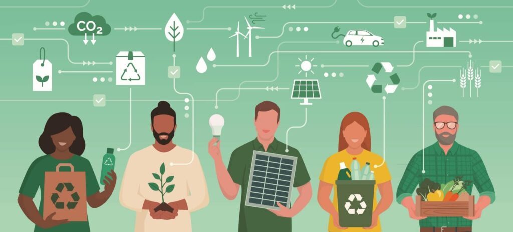 Die animierte Darstellung zeigt fünf nebeneinander aufgereihte Personen umgeben von Symbolen des Klimaschutzes, wovon einige auch in den Händen gehalten werden. Dazu gehören Kreislaufsymbole (Recycling), Piktogramme für Erneuerbare Energie (Windrad, Solarmodul) oder auch Lebensmittel und Pflanzen.