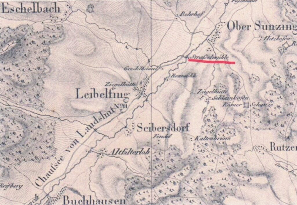 Abb. 1: Die vermeintliche Straßelmühle bei Leibelfing auf einer Landkarte von 1825