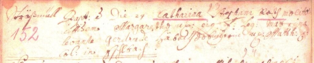 Abb. 14: Taufeintrag für Catharina Roth aus Sträßmüll, Tochter des hiesigen Müllers Stephan Roth, vom 24.11.1695