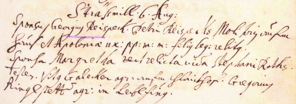 Abb. 16: Erste Heirat von Georg Reispeck I. mit Margaretha Roth am 6.8.1702 in Leiblfing
