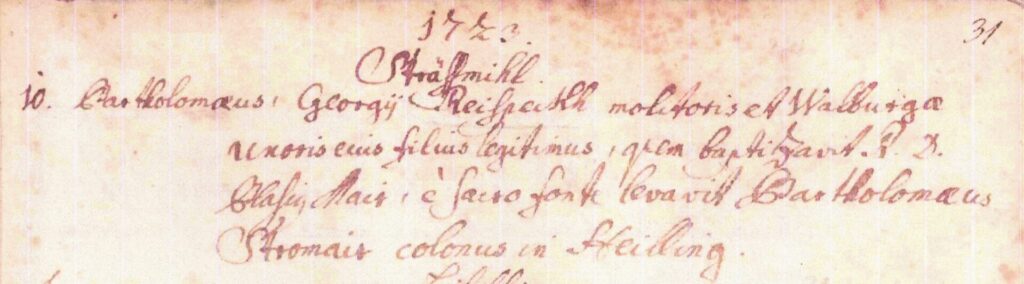 Abb. 18: Tauf- und Geburtseintrag für Bartholomäus Reispeckh I. vom 10.3.1723