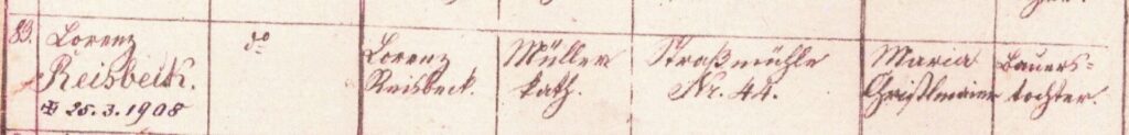 Abb. 23: Taufeintrag für Lorenz Reisbeck II., geb. 22.7.1842, mit Nachtrag Sterbedatum