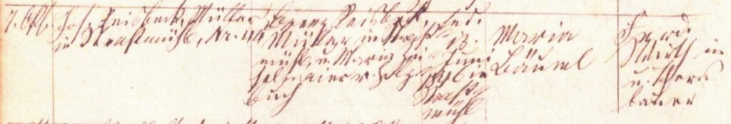 Abb. 24: Trauungseintrag vom 7.10.1874 für Joseph Reisbeck I., Müller in Straßmühle und Maria Bäuml (Ausschnitt) 