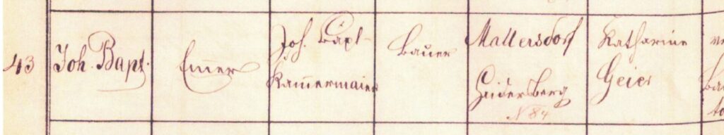 Abb. 25: Tauf- und Geburtseintrag vom 20.6.1876 für Johann Baptist Kammermeier II.