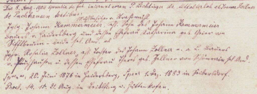 Abb. 29: Heirat Johann Kammermeier II. mit Rosalia Zollner am 8.8.1904 in Leiblfing