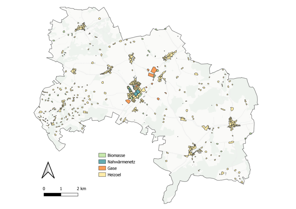 Karte der Gemeinde Leiblfing mit bunter Darstellung der verwendeten Energieträger zur Wärmeerzeugung